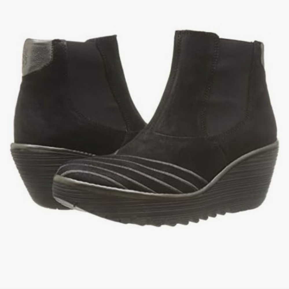 Fly London Yave Black Suede Leather Wedge Chelsea Ankle Boots